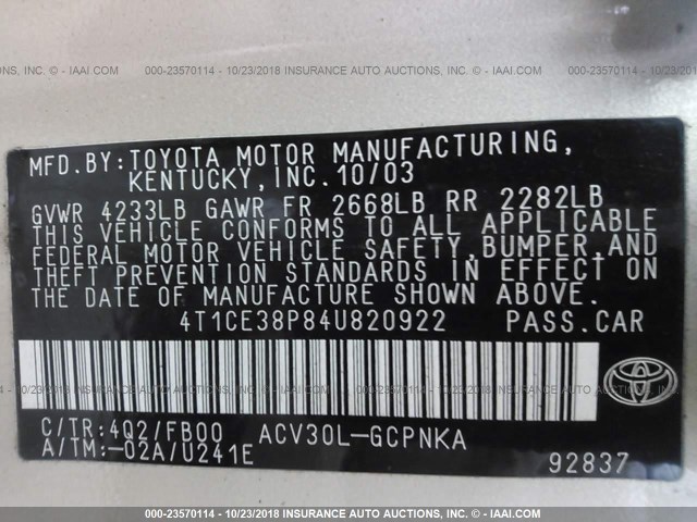 4T1CE38P84U820922 - 2004 TOYOTA CAMRY SOLARA SE/SLE ბეჟი ფოტო 9