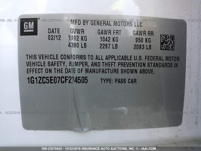 1G1ZC5E07CF274505 - 2012 CHEVROLET MALIBU 1LT WHITE photo 9