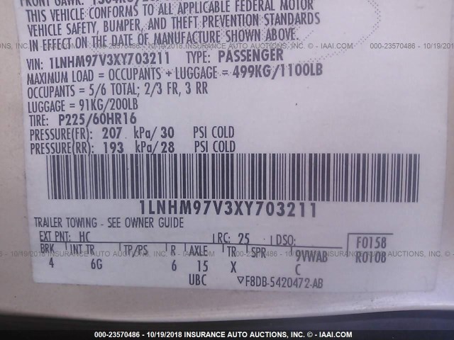 1LNHM97V3XY703211 - 1999 LINCOLN CONTINENTAL  Weiß Foto 9