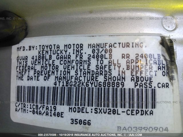 4T1BG22K6YU688889 - 2000 TOYOTA CAMRY CE/LE/XLE SILVER photo 9