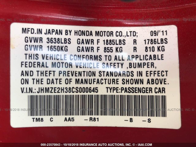 JHMZE2H38CS000645 - 2012 HONDA INSIGHT RED photo 9