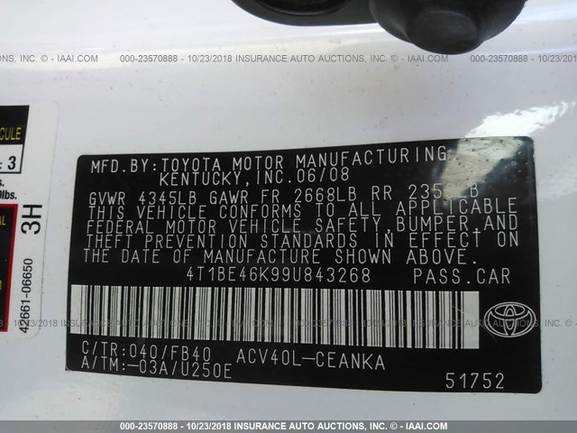 4T1BE46K99U843268 - 2009 TOYOTA CAMRY SE/LE/XLE WHITE photo 9