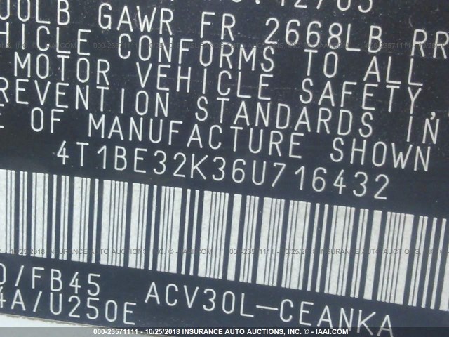 4T1BE32K36U716432 - 2006 TOYOTA CAMRY LE/XLE/SE WHITE photo 9