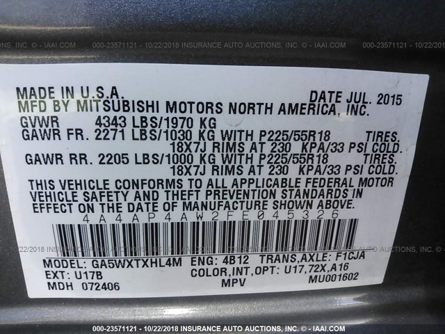 4A4AP4AW2FE045326 - 2015 MITSUBISHI OUTLANDER SPORT SE/GT GRAY photo 9