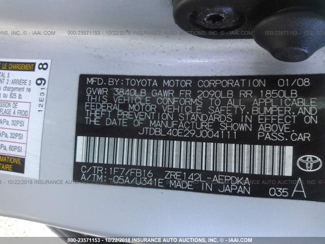 JTDBL40E29J004111 - 2009 TOYOTA COROLLA LE/XLE SILVER photo 9