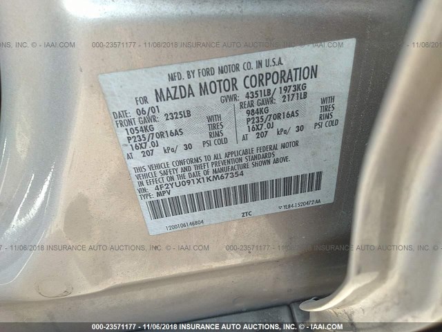 4F2YU091X1KM67354 - 2001 MAZDA TRIBUTE LX/ES 米色 照片 9