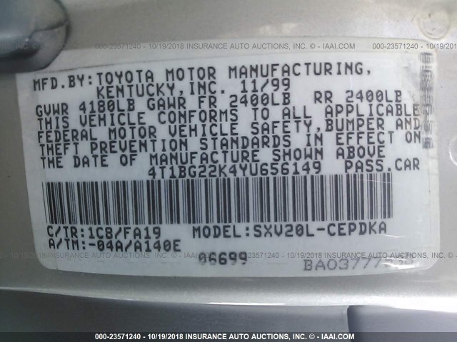 4T1BG22K4YU656149 - 2000 TOYOTA CAMRY CE/LE/XLE 灰色 照片 9