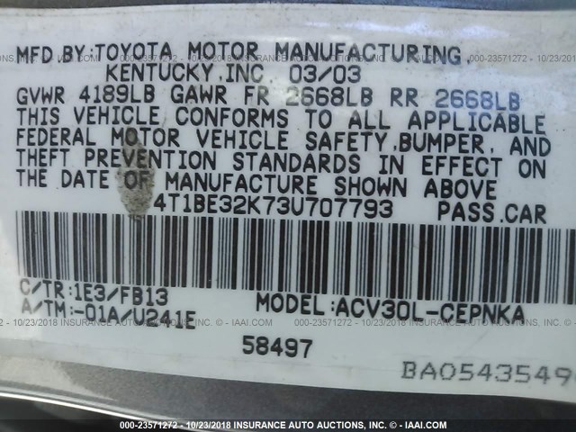 4T1BE32K73U707793 - 2003 TOYOTA CAMRY LE/XLE/SE GRAY photo 9