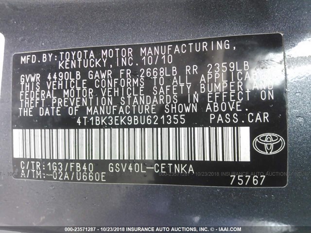 4T1BK3EK9BU621355 - 2011 TOYOTA CAMRY SE/LE/XLE ნაცრისფერი ფოტო 9