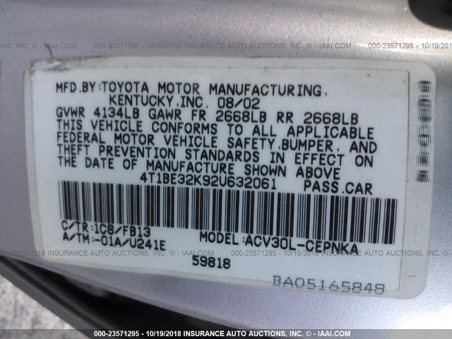 4T1BE32K92U632061 - 2002 TOYOTA CAMRY LE/XLE/SE SILVER photo 9