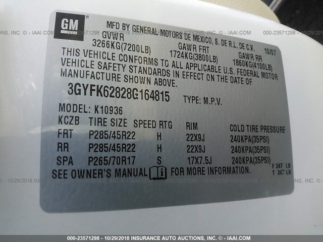 3GYFK62828G164815 - 2008 CADILLAC ESCALADE EXT WHITE photo 9