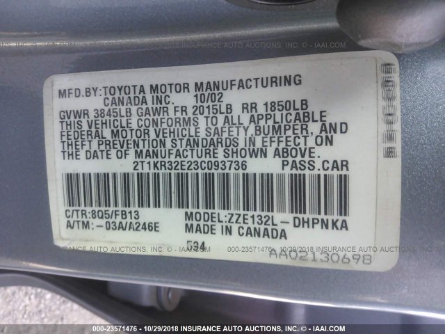 2T1KR32E23C093736 - 2003 TOYOTA COROLLA MATRIX XR BLUE photo 9