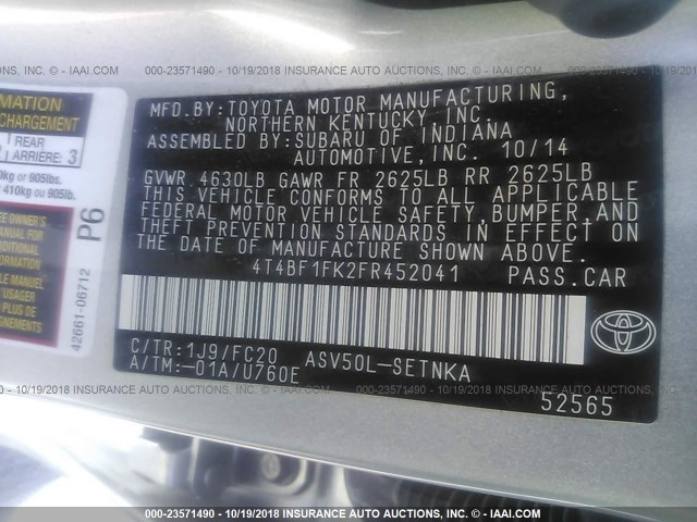 4T4BF1FK2FR452041 - 2015 TOYOTA CAMRY LE/XLE/SE/XSE 灰色 照片 9