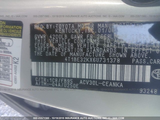 4T1BE32KX6U731378 - 2006 TOYOTA CAMRY LE/XLE/SE Gümüş foto 9