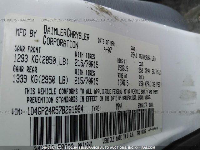 1D4GP24R57B261964 - 2007 DODGE GRAND CARAVAN SE WHITE photo 9