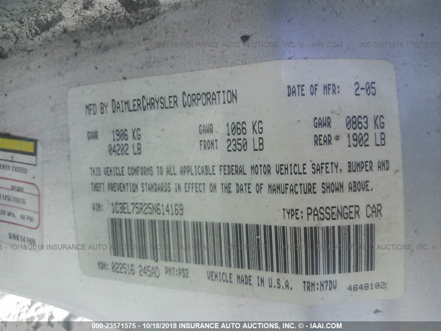 1C3EL75R25N614169 - 2005 CHRYSLER SEBRING GTC SILVER photo 9