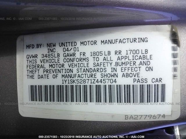 1Y1SK52871Z445704 - 2001 CHEVROLET GEO PRIZM LSI 棕色 照片 9