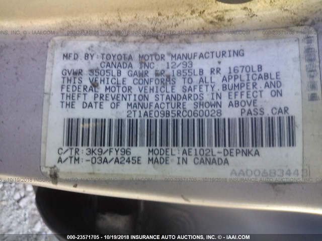 2T1AE09B5RC060028 - 1994 TOYOTA COROLLA LE/DX 银色 照片 9