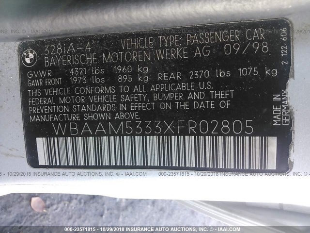 WBAAM5333XFR02805 - 1999 BMW 328 I AUTOMATIC SILVER photo 9