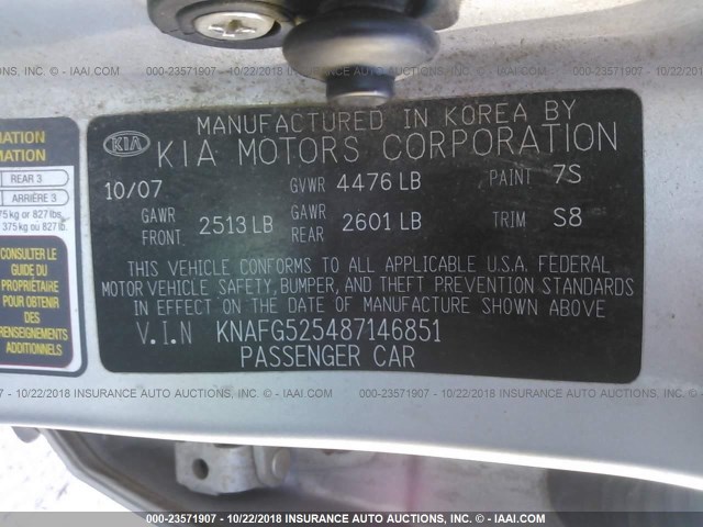 KNAFG525487146851 - 2008 KIA RONDO LX/EX SILVER photo 9