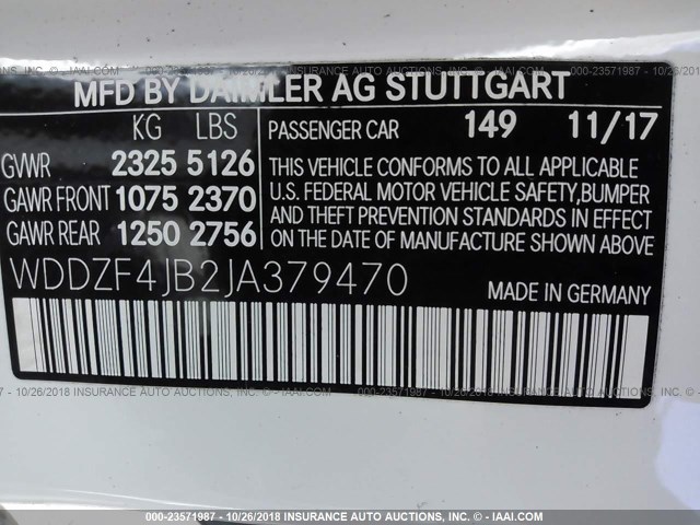 WDDZF4JB2JA379470 - 2018 MERCEDES-BENZ E 300 WHITE photo 9