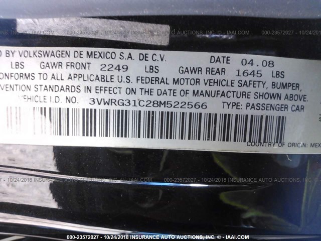 3VWRG31C28M522566 - 2008 VOLKSWAGEN NEW BEETLE S/SE BLACK photo 9