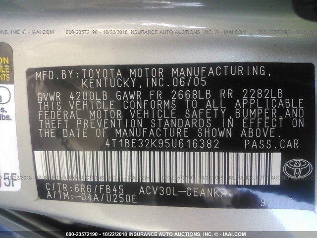 4T1BE32K95U616382 - 2005 TOYOTA CAMRY LE/XLE/SE SILVER photo 9