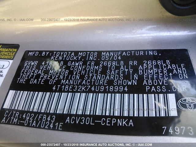 4T1BE32K74U918994 - 2004 TOYOTA CAMRY LE/XLE/SE GOLD photo 9