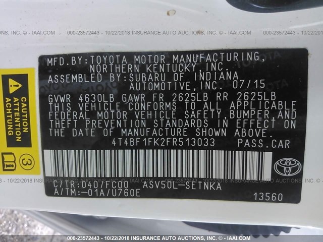 4T4BF1FK2FR513033 - 2015 TOYOTA CAMRY LE/XLE/SE/XSE 白色 照片 9