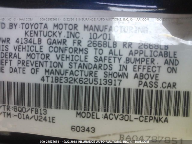 4T1BE32K62U513917 - 2002 TOYOTA CAMRY LE/XLE/SE 蓝色 照片 9