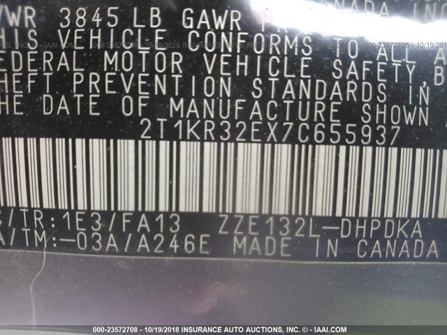 2T1KR32EX7C655937 - 2007 TOYOTA COROLLA MATRIX XR Сұр фото 9