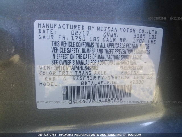 3N1CN7AP4HL849892 - 2017 NISSAN VERSA S/S PLUS/SV/SL GRAY photo 9