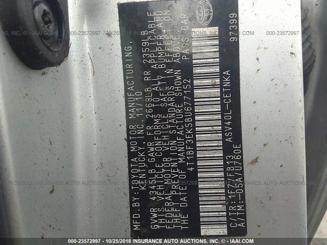 4T1BF3EK5BU677152 - 2011 TOYOTA CAMRY SE/LE/XLE SILVER photo 9