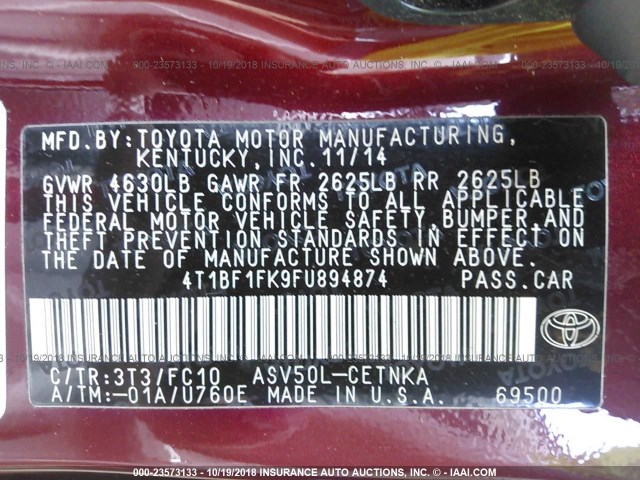 4T1BF1FK9FU894874 - 2015 TOYOTA CAMRY LE/XLE/SE/XSE 栗色 照片 9