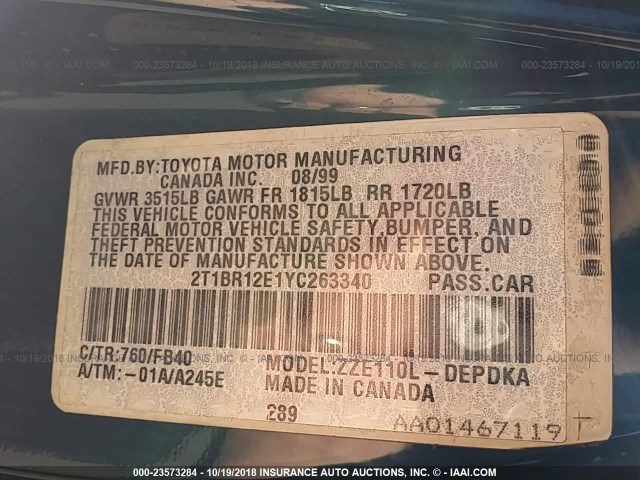 2T1BR12E1YC263340 - 2000 TOYOTA COROLLA VE/CE/LE 蓝色 照片 9