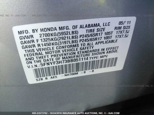 5FNYF3H73BB051114 - 2011 HONDA PILOT EXLN SILVER photo 9