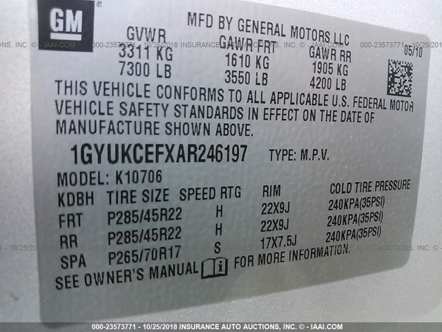 1GYUKCEFXAR246197 - 2010 CADILLAC ESCALADE PREMIUM SILVER photo 9