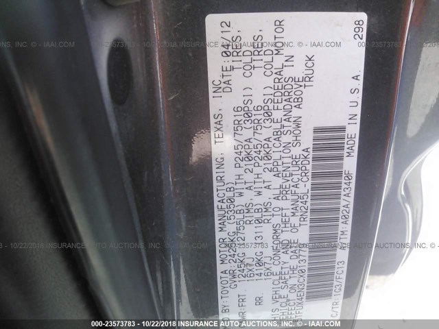 5TFUX4EN3CX013779 - 2012 TOYOTA TACOMA ACCESS CAB GRAY photo 9