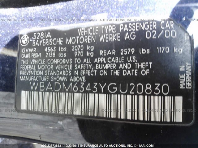 WBADM6343YGU20830 - 2000 BMW 528 I AUTOMATIC BLUE photo 9