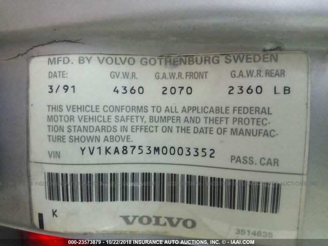 YV1KA8753M0003352 - 1991 VOLVO 940 SE SILVER photo 9