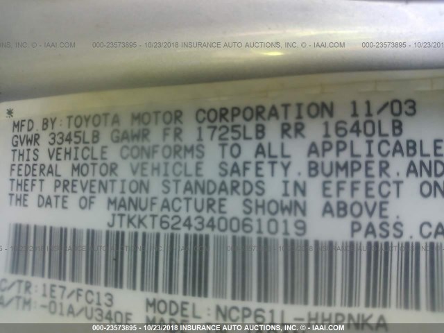 JTKKT624340061019 - 2004 TOYOTA SCION XA ვერცხლისფერი ფოტო 9