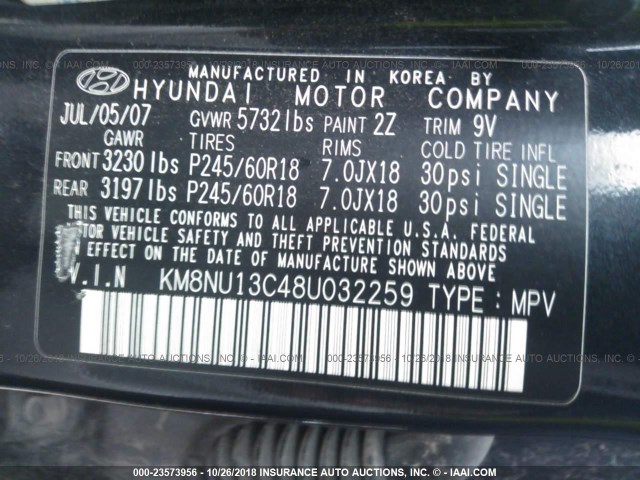 KM8NU13C48U032259 - 2008 HYUNDAI VERACRUZ GLS/SE/LIMITED BLACK photo 9