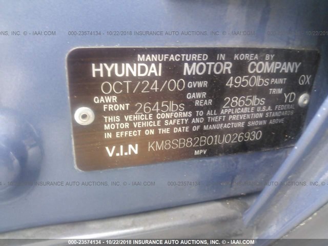 KM8SB82B01U026930 - 2001 HYUNDAI SANTA FE BLUE photo 9