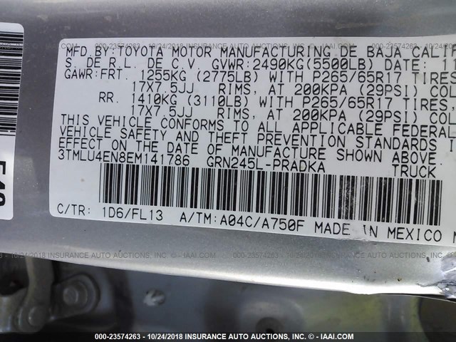 3TMLU4EN8EM141786 - 2014 TOYOTA TACOMA DOUBLE CAB 银色 照片 9