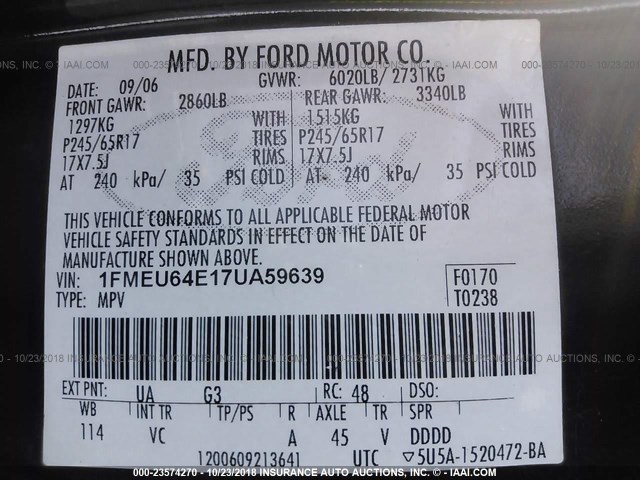 1FMEU64E17UA59639 - 2007 FORD EXPLORER EDDIE BAUER BLACK photo 9