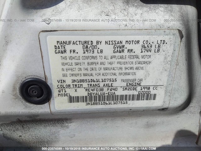 3N1BB51D61L107515 - 2001 NISSAN SENTRA SE WHITE photo 9