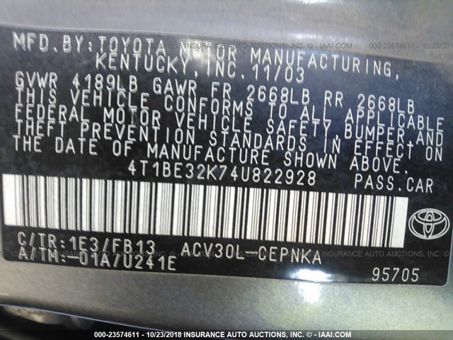 4T1BE32K74U822928 - 2004 TOYOTA CAMRY LE/XLE/SE GRAY photo 9