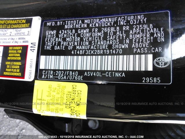 4T4BF3EK2BR191470 - 2011 TOYOTA CAMRY SE/LE/XLE BLACK photo 9