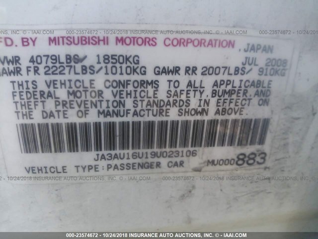 JA3AU16U19U023106 - 2009 MITSUBISHI LANCER DE WHITE photo 9