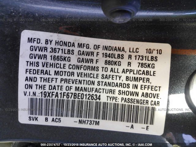19XFA1F67BE012634 - 2011 HONDA CIVIC LX-S Boz foto 9